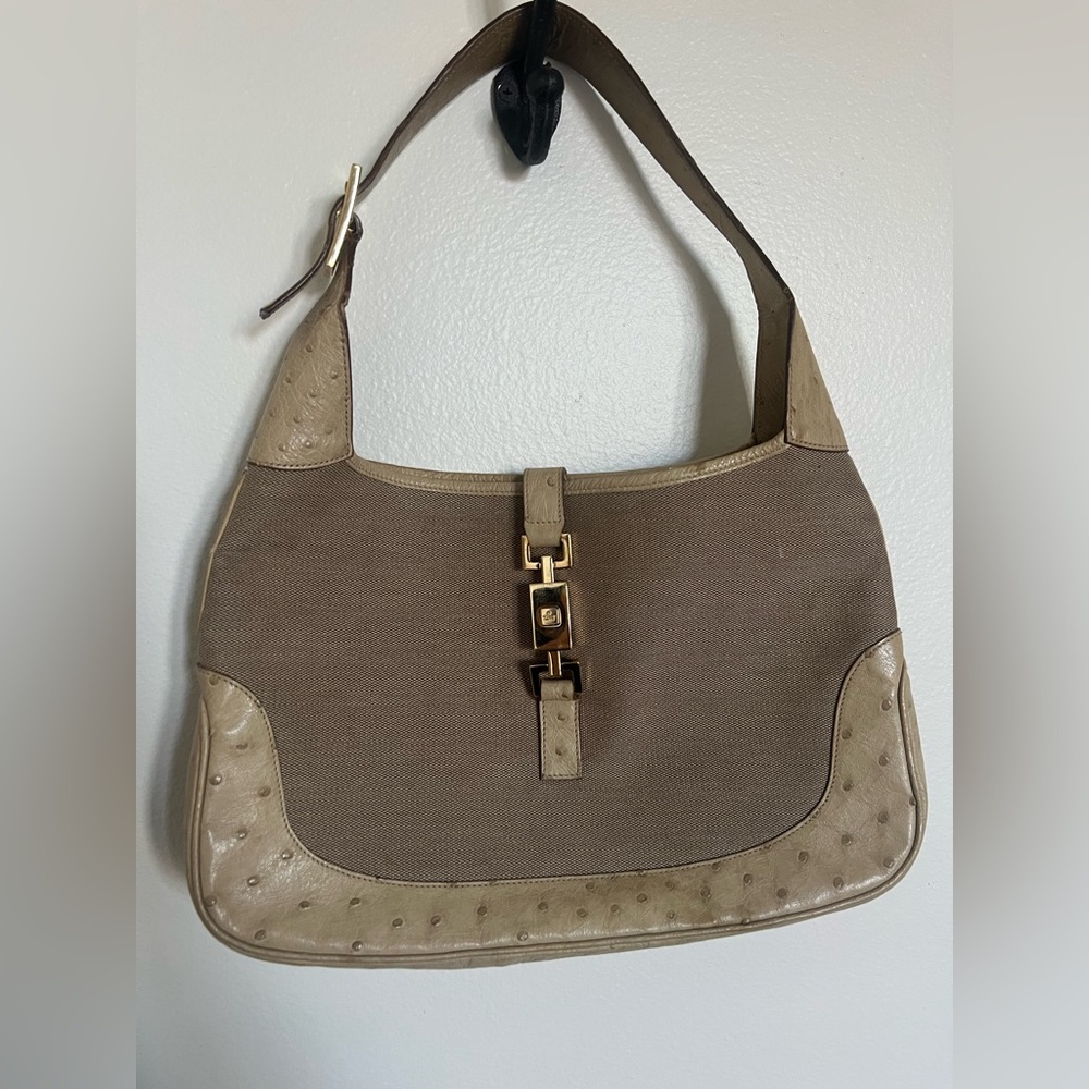 Vintage Gucci Jackie canvas ostrich shoulder bag